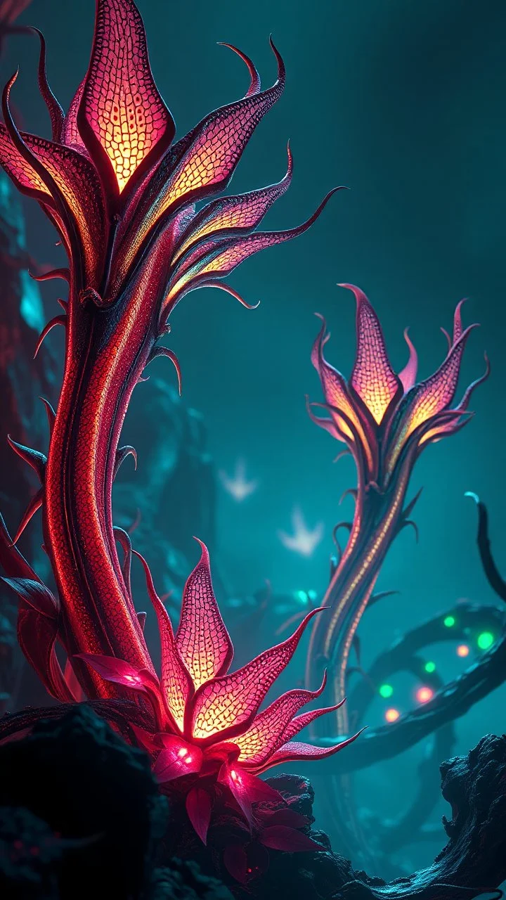"3D HR Complex Unique and Beautiful Bioluminescent Carnivorous Plants, a breathtaking frontier fantasy artwork by Android Jones, Jean Baptiste monge, Alberto Seveso, Erin Hanson, Jeremy Mann. Minimalist highly detailed and complex professional_photography, masterpieces, 8k resolution concept art, Artstation, tricolor, Unreal Engine 5, cgsociety" Highly detailed ArtStation Concept Art Clear Focus Smooth cinematic 4K epic Details Serious Stoic ARTgerm AN's mature art