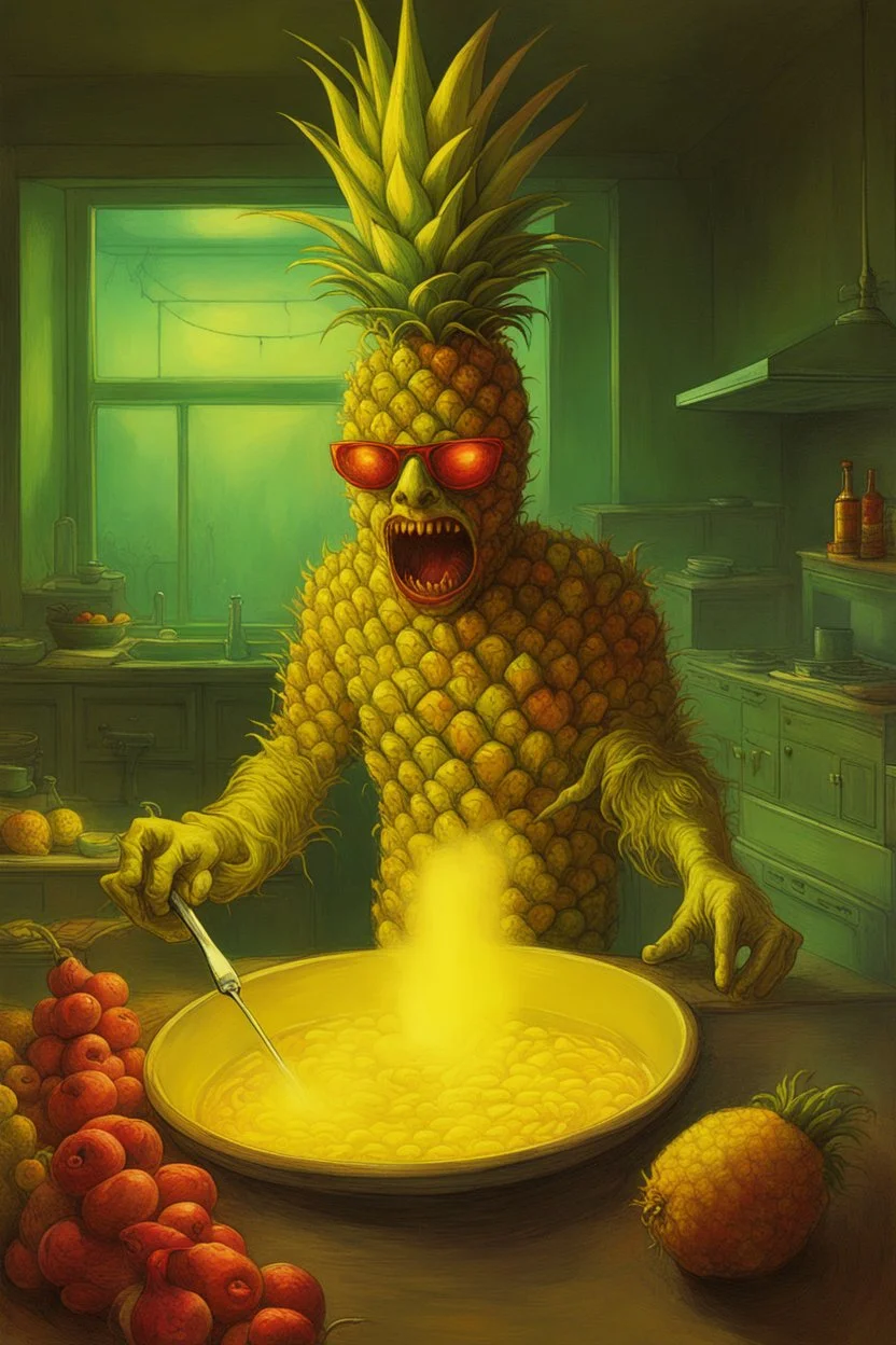 fever dream, yellow - red - green color scheme, hallucinatory color pen complex illustration, surreal lovecraftian pineapple man cooking in kitchen, dramatic volumetric lighting, splash art, concept art, noir, by Vladimir Kush assisted by Zdzislaw Beksinski, sinister, nightmarish