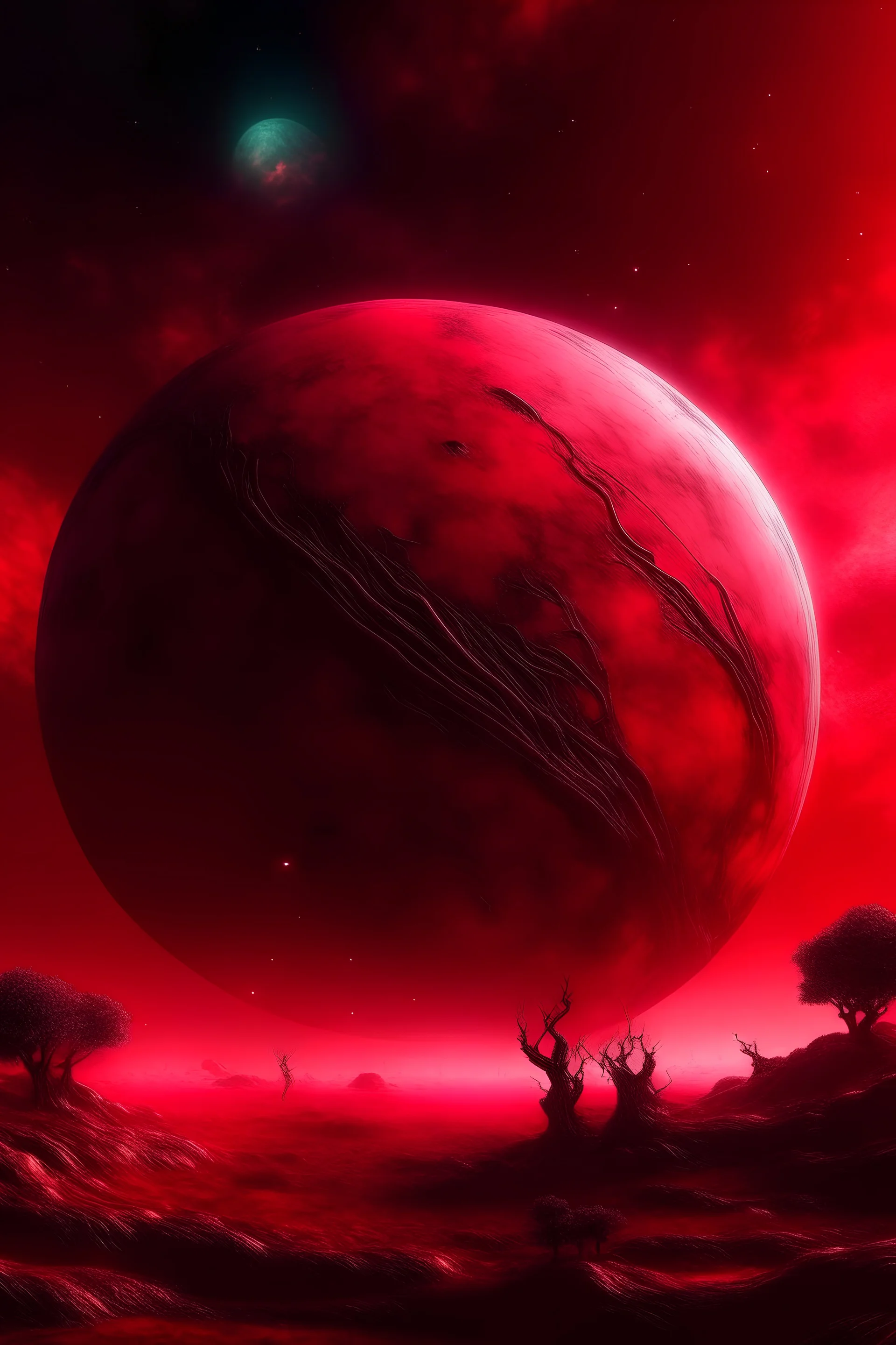 A3 format spray paint planet with nebula in the background all in red tint. Add some ancient structures.