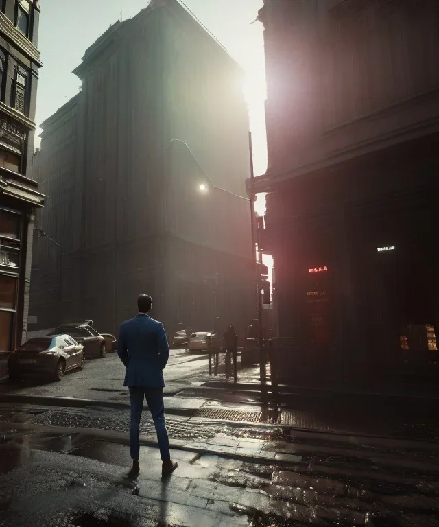 man standing in busy city, pondering the world, close up, facing away