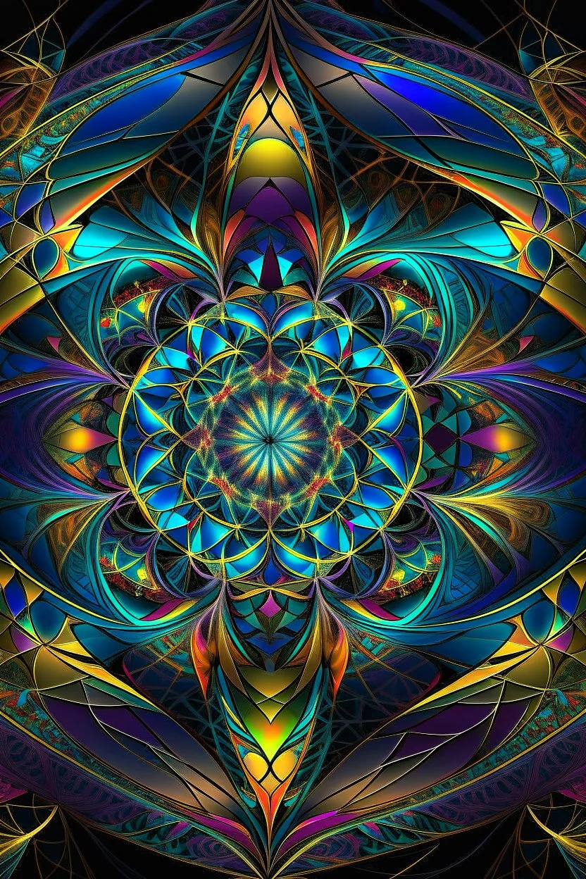 A mesmerizing digital artwork in the fractal style, featuring a kaleidoscope of vibrant colors and intricate geometric patterns, reminiscent of a cosmic journey through a vast and infinite universe. The composition showcases a symphony of interconnected shapes and forms, branching and repeating endlessly, creating a sense of boundless energy and mathematical harmony. The colors range from deep, rich hues to ethereal pastels, blending and swirling together in a mesmerizing dance of light and pigm