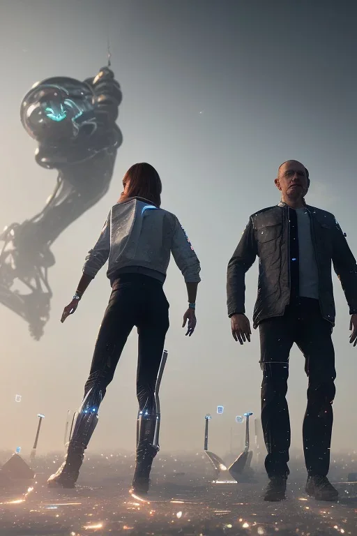 detroit become human, two people looking at each other , sci-fi fantasy style, volumetric lighting, particales,highly detailed,cinamatic, deep colours,8k.