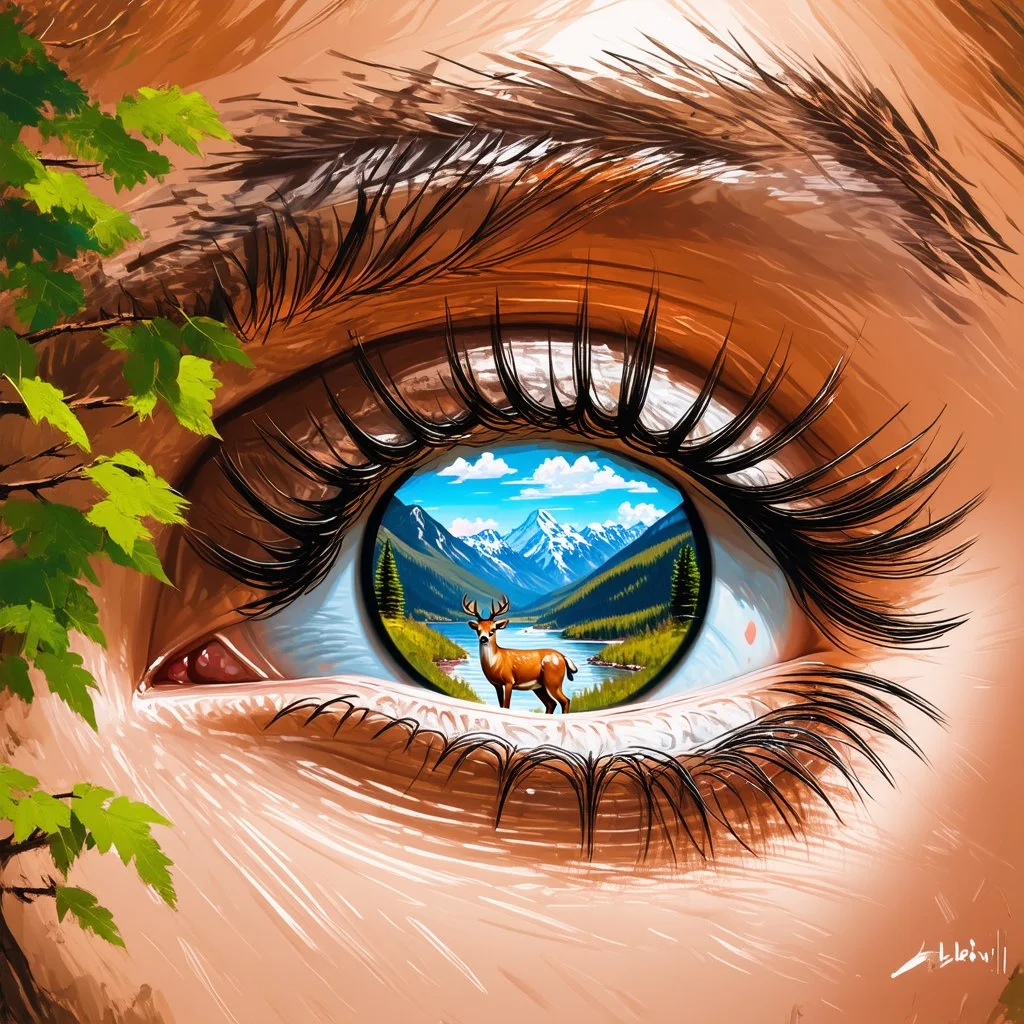 A big, beautiful eye with long eyelashes. Inside the eye, there are beautiful mountains with lush green trees, with a river flowing from the mountains and out of the eye. Outside the eye, there is a large deer at the foot of the eye. Ultra quality oil painting, work of art.