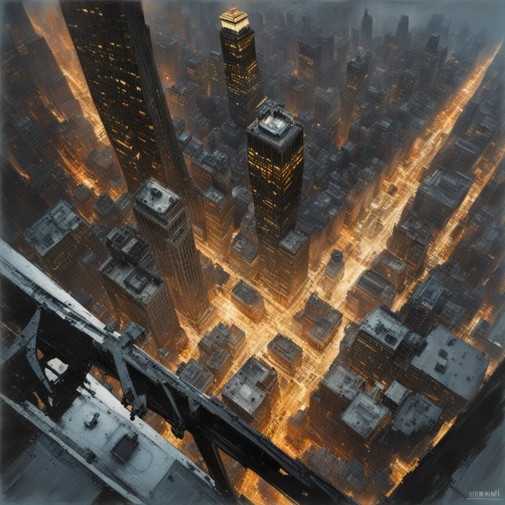 Point of View looking down from edge of empire state building, representation of a fear of heights, Acrophobia, fish eye view, frightening dramatic, concept art, surrealist metaphorical art, frightening pictorial abstraction of a fear of heights, hyperrealism, color, by Jeremy Mann.