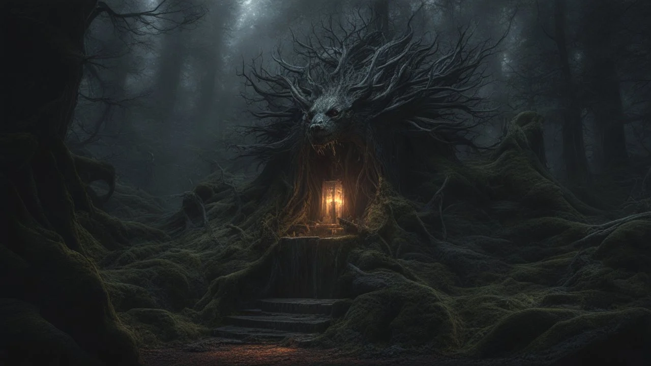 the ghost haunted forest with a thousand teeth and claws. exquisite realism, a masterpiece, dark fantasy concept art, dynamic lighting, hyperdetailed, intricately detailed, deep color, Unreal Engine, volumetric lighting, Epic cinematic brilliant stunning intricate meticulously detailed dramatic atmospheric maximalist digital matte painting