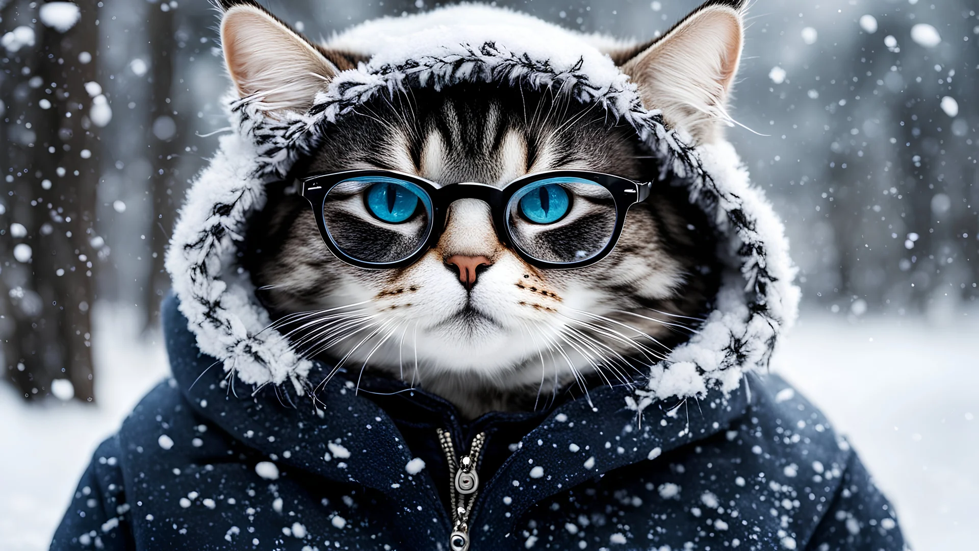 (cat in winter clothes_1.2), snowstorm, black glasses, maximum details