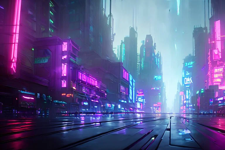 Cyberpunk district with giant foggy skyscarpers, cars, FoV: 100, HD, Unreal Engine 4, Blade Runner 2049, heavy rain, rainy streets reflection, neon signs, low contrast, grainy, less color, titanfall,