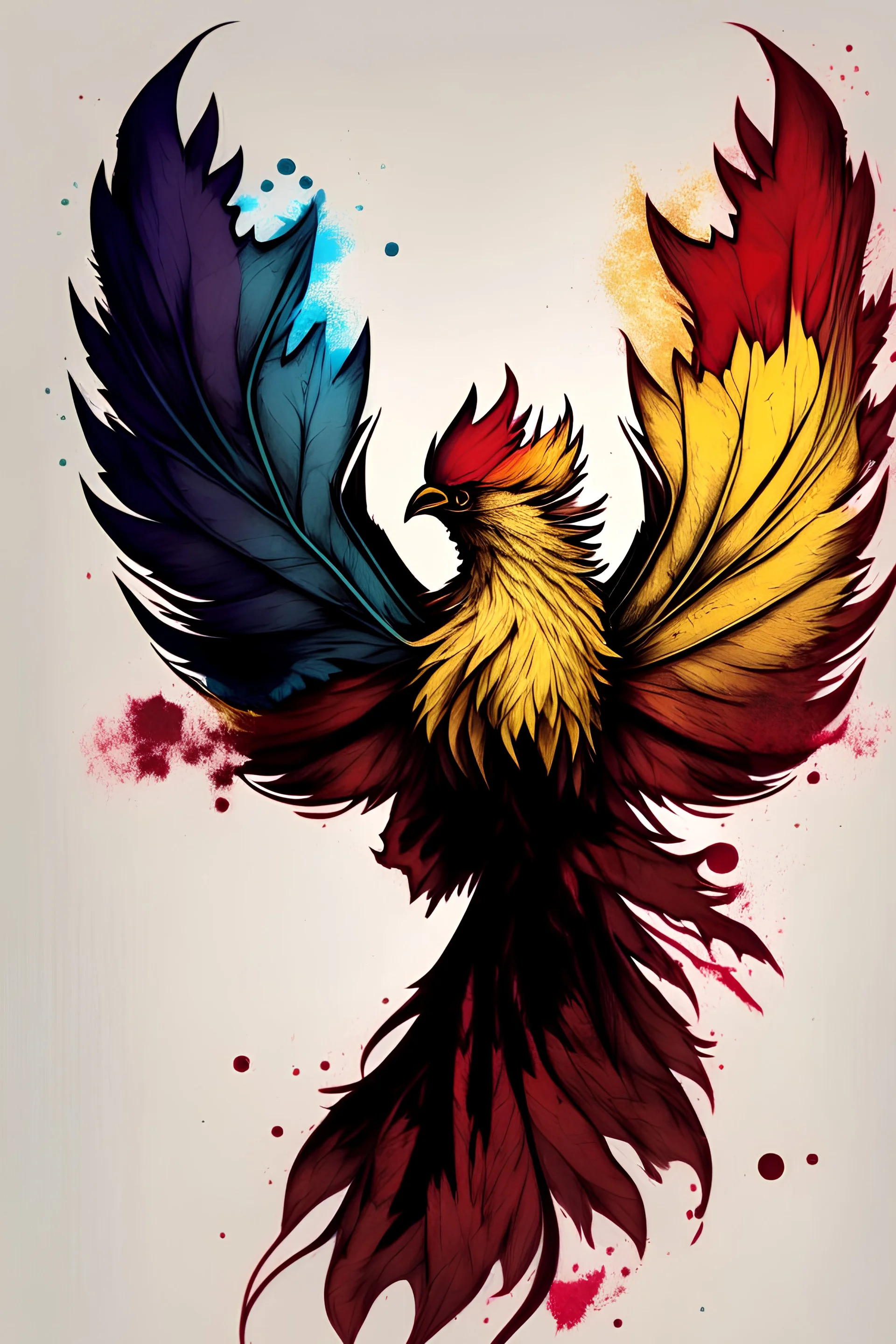 phenix rising from the ashes. canadian maple leaf on its chest. feathers to match the intersex progress flag colors.