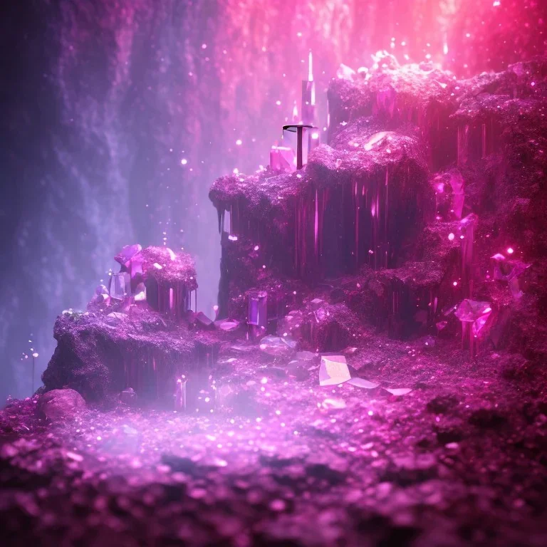 single pink crystal, on an altar in a foggy cave, cinematic,