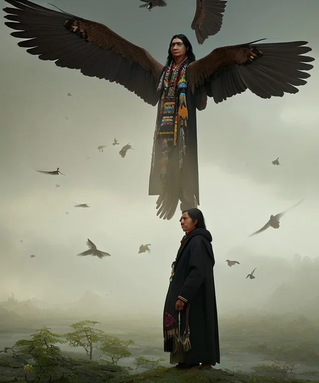 native american shaman, wise man, long black hair, black hooded coat like wings, 8k resolution concept art portrait by Greg Rutkowski