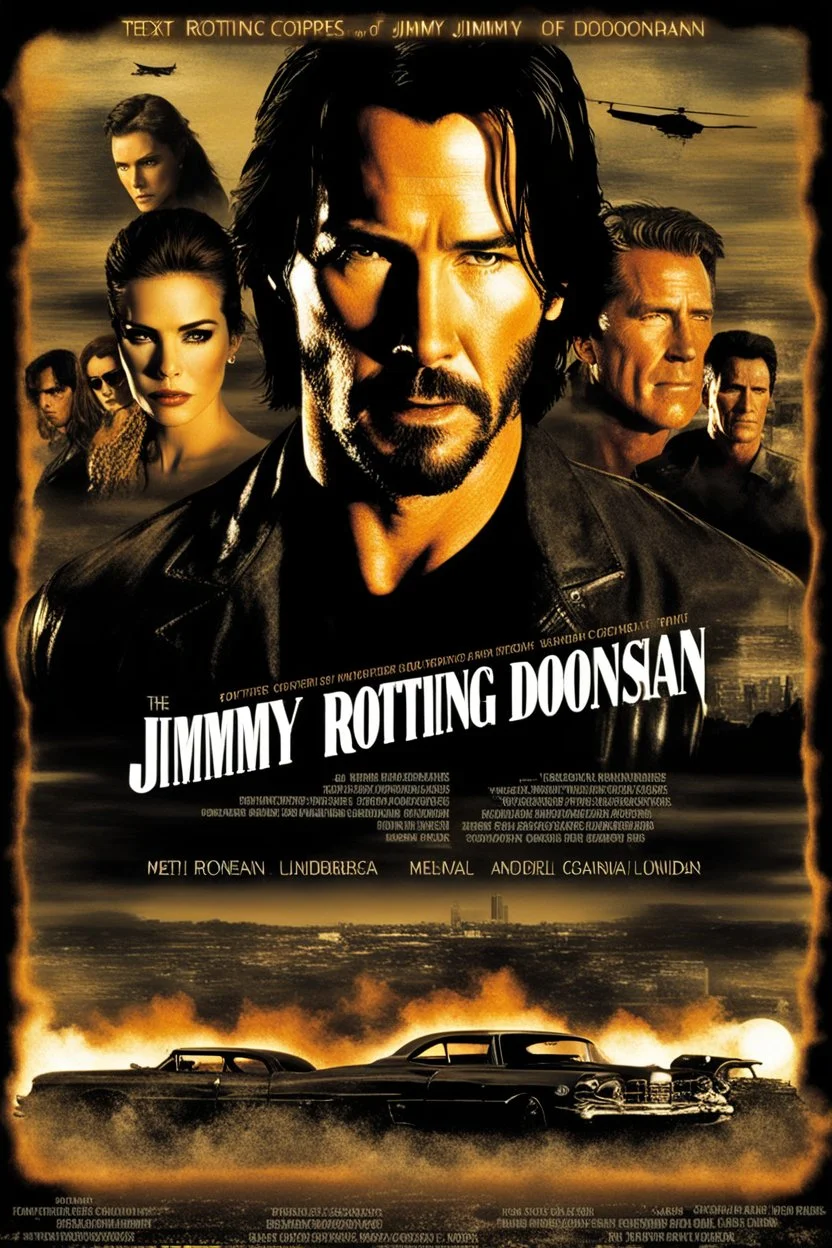 Movie poster -- text "The Rotting Corpse of Jimmy Doonan" starring Keanu Reeves/Sandra Bullock/Arnold Schwarzenegger/Dolph Lundgren/Mel Gibson