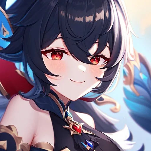 Clear focus,High resolution, black short fluffy hair, long fluffy bangs, and red eyes, Depressed girl, wearing a genshin impact outfit,slight revealing outfit, Smug smile, half closed eyes, smile, full body, Extreme close up, smiling, eyes close