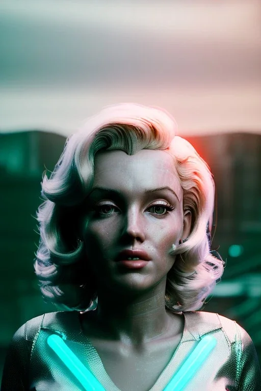 Ultra Realistic sci-fi scene, portrait, blonde woman, sweet Marylin Monroe face, perfect iris, glow eyes, makeup. Retro sci-fi style, helmet, tight latex coat, fog, rain, soft color, highly detailed, unreal engine 5, ray tracing, RTX, lumen lighting, ultra detail, volumetric lighting, 3d, finely drawn, high definition, high resolution.