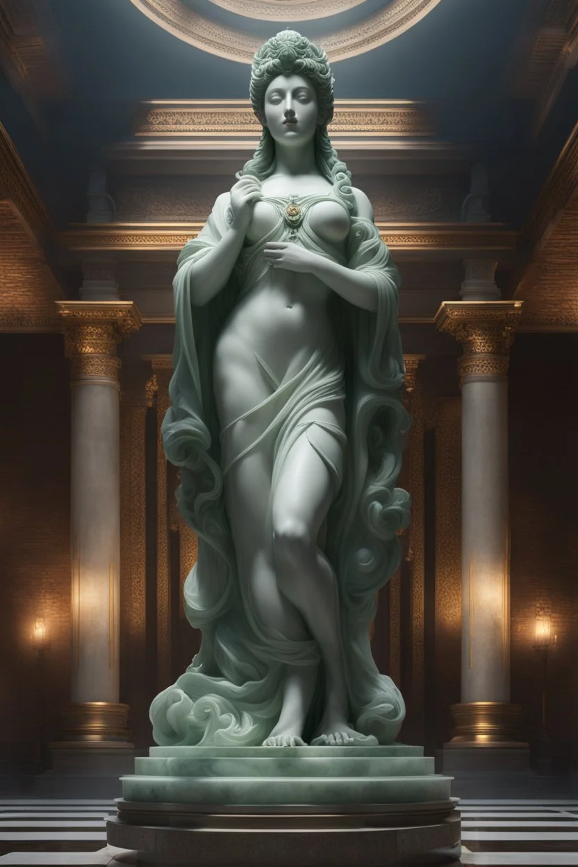 highly detailed marble and jade statue on a plint of the roman goddess of love. full body shot, volumetric fog, Hyperrealism, breathtaking, ultra realistic, unreal engine, ultra detailed, cyber background, Hyperrealism, cinematic lighting, highly detailed, breathtaking, stunning temple environment