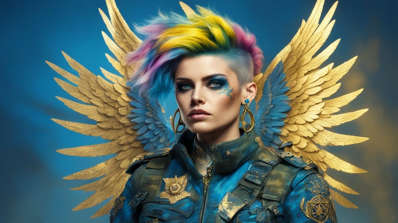 beautiful Punk woman Angel 30 years old, military clothing, mystical, bright colors, creative hairstyle, tattoo, piercing, photorealistic image, military, camouflage clothing, gold, blue, sparkles, fine rendering, high detail, 8K