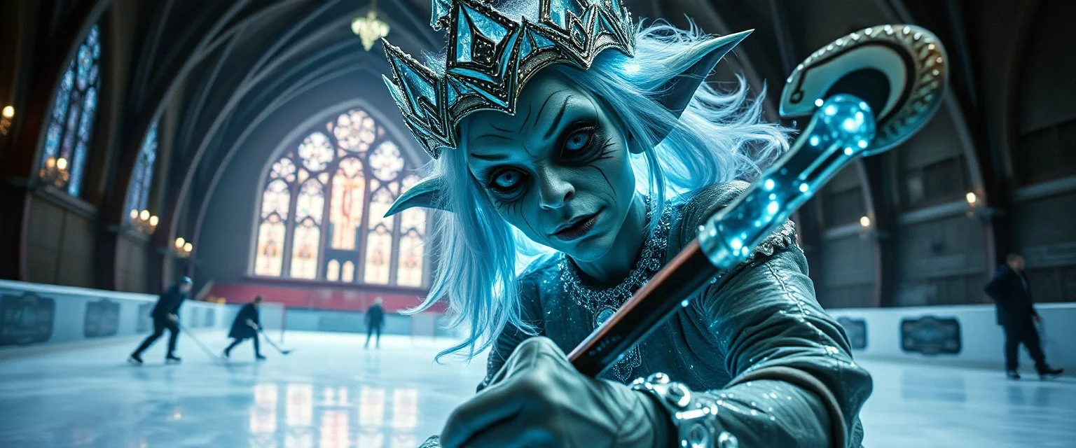 close up portrait of ice queen with magical aura hockey staff, pin hole cam, master oil painting by Rembrandt, d&d glam rock and glitter vampire gremlin illithid and lich playing hockey in ice skating hall or church, in the style of giger and escher, sci fi with floating little saucers