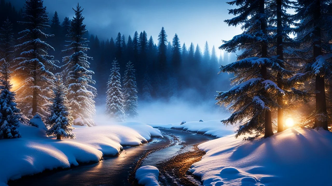 fir forrest scenery, heavy mist,valley,creek,forest,christmas ,tree,,nature,night,snow,fir tree,high-quality photograph,zeiss prime lens, bokeh , high detail, smooth render, unreal engine 5, dust effect, vivid colors,night