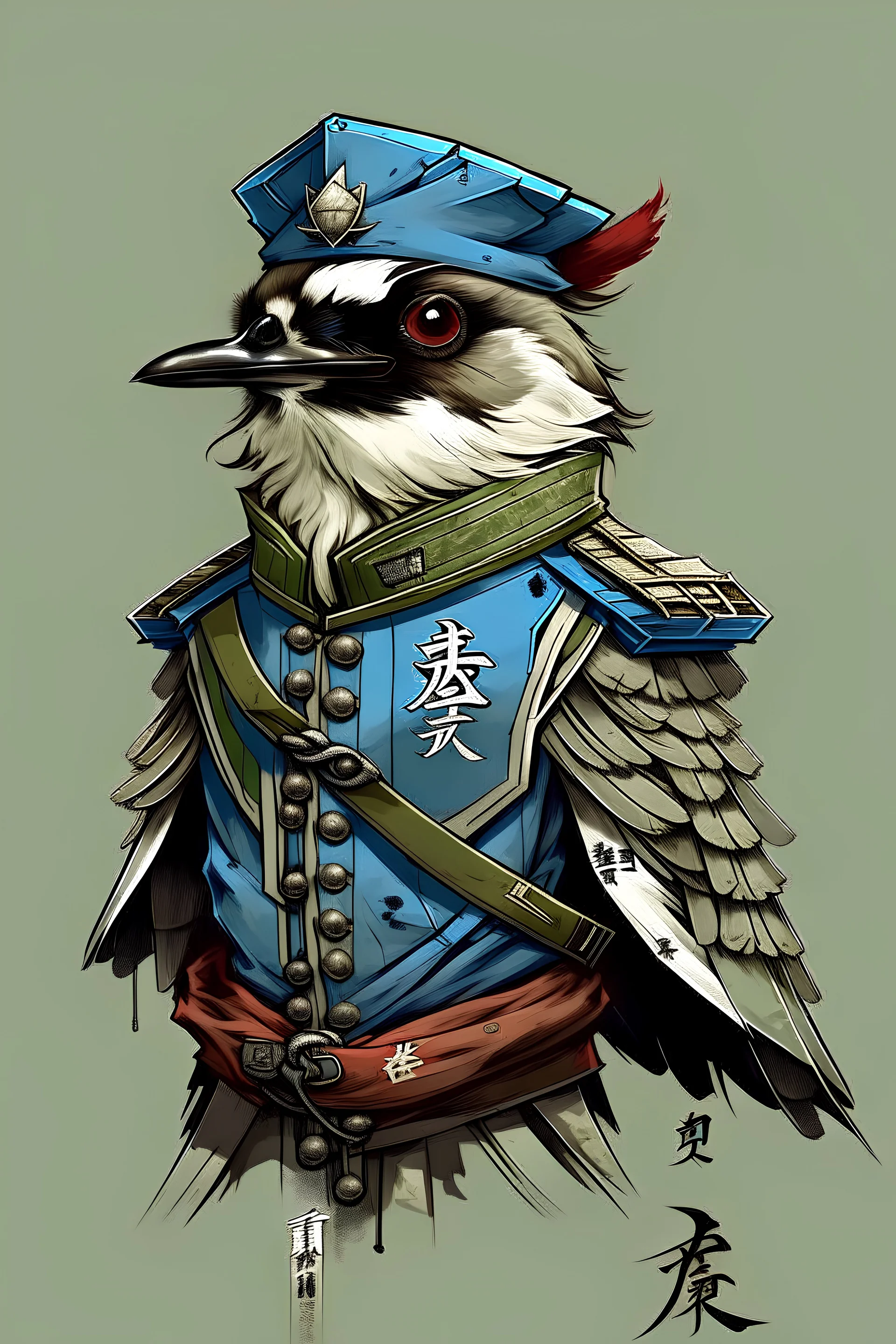 Cartoon side of a beautiful Chinese Military Sparrow wearing a jacket, with ethereum, drawn by leonardo davinci