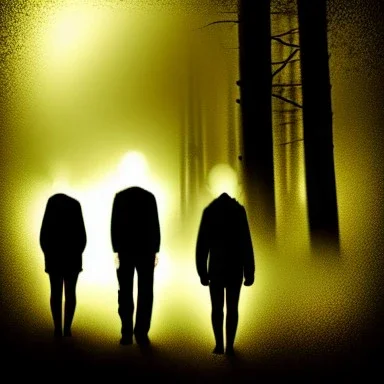 three figures, silhouettes, dark, foggy weather, night, forest, black, horror, art, evil, dark effect,