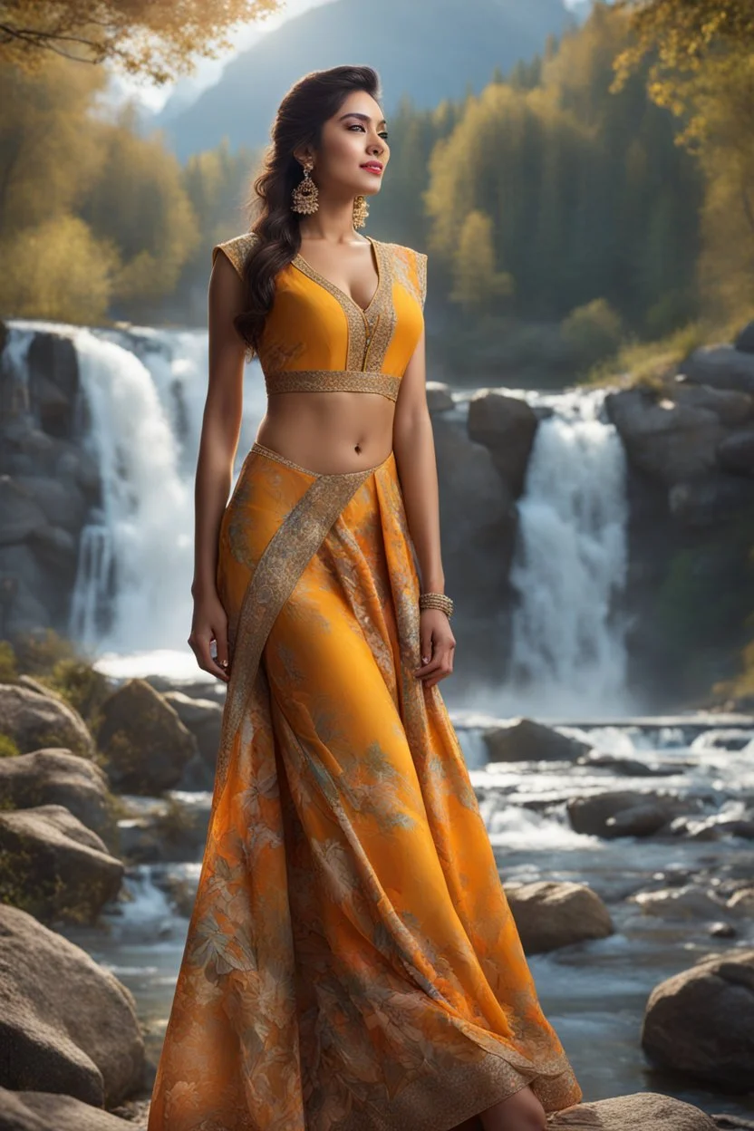 full shot body photo of the most beautiful artwork in the world featuring model, happy mood, High Detail, dramatic, photo realistic, ultra sharp, ultra hd, hyper realistic, ultra realistic, ((((dress)))), trending on artstation, sharp focus, studio photo, intricate details, highly detailed, standing in nice pose in country side with river ,water fall ,rocky valley,mountains at background, pretty clouds