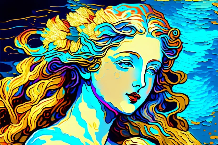 colourful digital painting of beautiful aphrodite, in the style of hokusai and van gogh