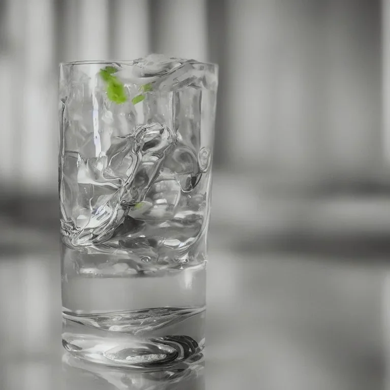 photo of a half full water glass, soft light flowing through an open window in a modern room, 100mm lens, f/4, soft light, photo realistic, ultra high resolution, white curtain in background