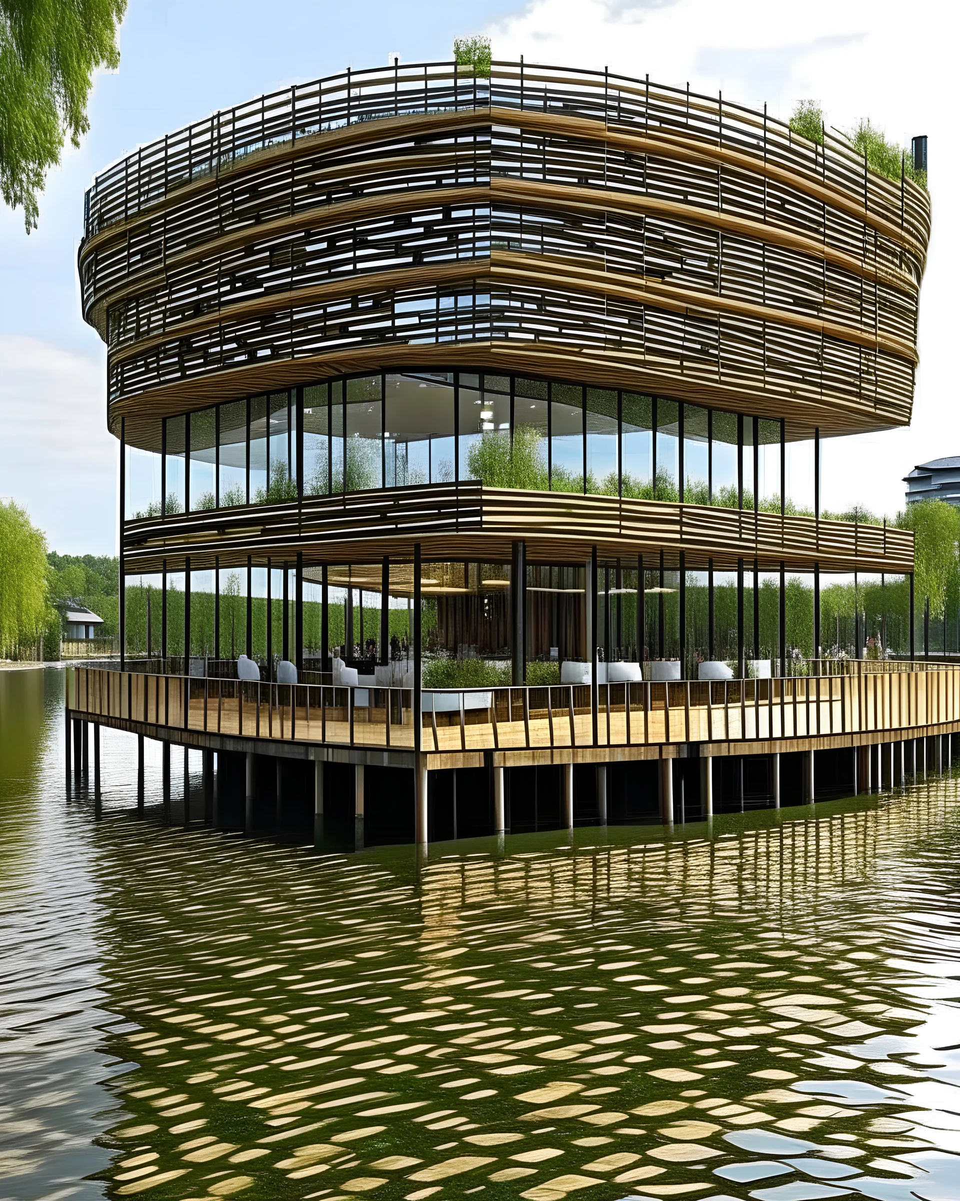 extreme restaurant with sustainable design, one level, located in a lake, it must make people feel intrigued to go into that restaurant