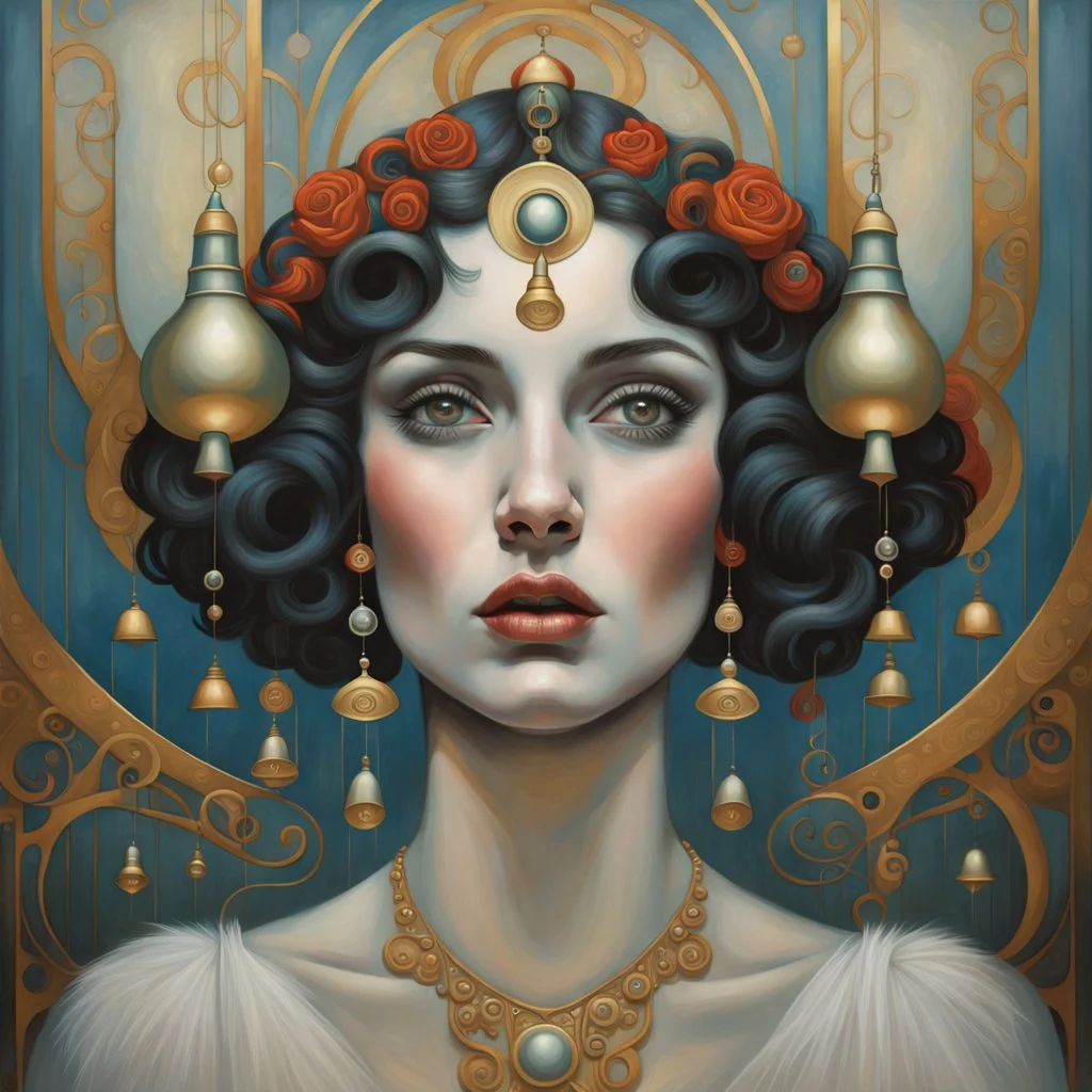 Grande peinture en couleur d'un visage de femme avec des cloches sur un mur, l'esprit de Klimt et Tom Bagshaw, ce tableau est une grande toile, art déco réaliste, grand tableau, Mark Brooks et Brad Kunkel, beauté d'une femme dans l'art nouveau, art élégant, art nouveau hyperréaliste, grand art sur toile, Women Art, par John Keane, Art Déco Painting, Art. Art Déco