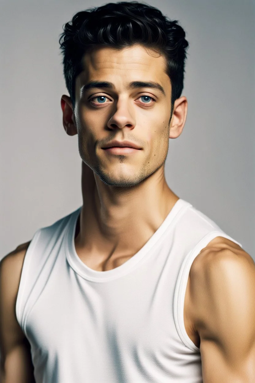 Polizeifoto jugendlicher Rami Malek, schmaler Oberlippenbart, ärmelloses weißes T-Shirt, trotziger Blick in die Kamera