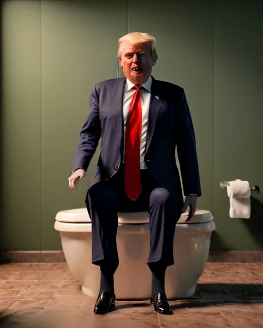 Donald Trump sitting in toilet scene, pants down, realistic image, hooper style, casual, concept art, smooth, unreal engine 5, god lights, ray tracing, RTX, lumen lighting, ultra detail, volumetric lighting, 3d.