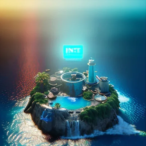 The Isometric Glass Tall Box Mini Model Little Real Island Mixed Water Fall rainbow Under Ocean Sunshine Summer Background Blue Sea, The Last Of Us / Avatar, Octane Render / ZBrush, Cinematic, IMAX Film, Nikon D750, 16K, Autostereoscopy, Anthropomorphic, Golden Ratio, Geometry, Symmetric, Depth Of Field, Highly Detailed, Ultra Realistic, Beautiful Lighting, Halfrear Lighting, Soft Light, Candoluminescence, Cast Shadow, Reflective, Glow, Translucent, Normal Map, Carbonated --testp