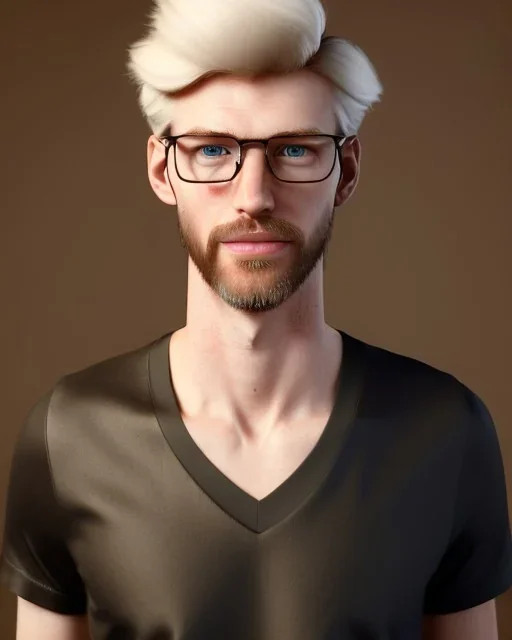 a tall guy who is skinny and scrawny with blond hair and blond beard. his hair is to the left side and he wears glasses. he is wearing a white t-shirt, black jeans and has straight teeth and brown shoes