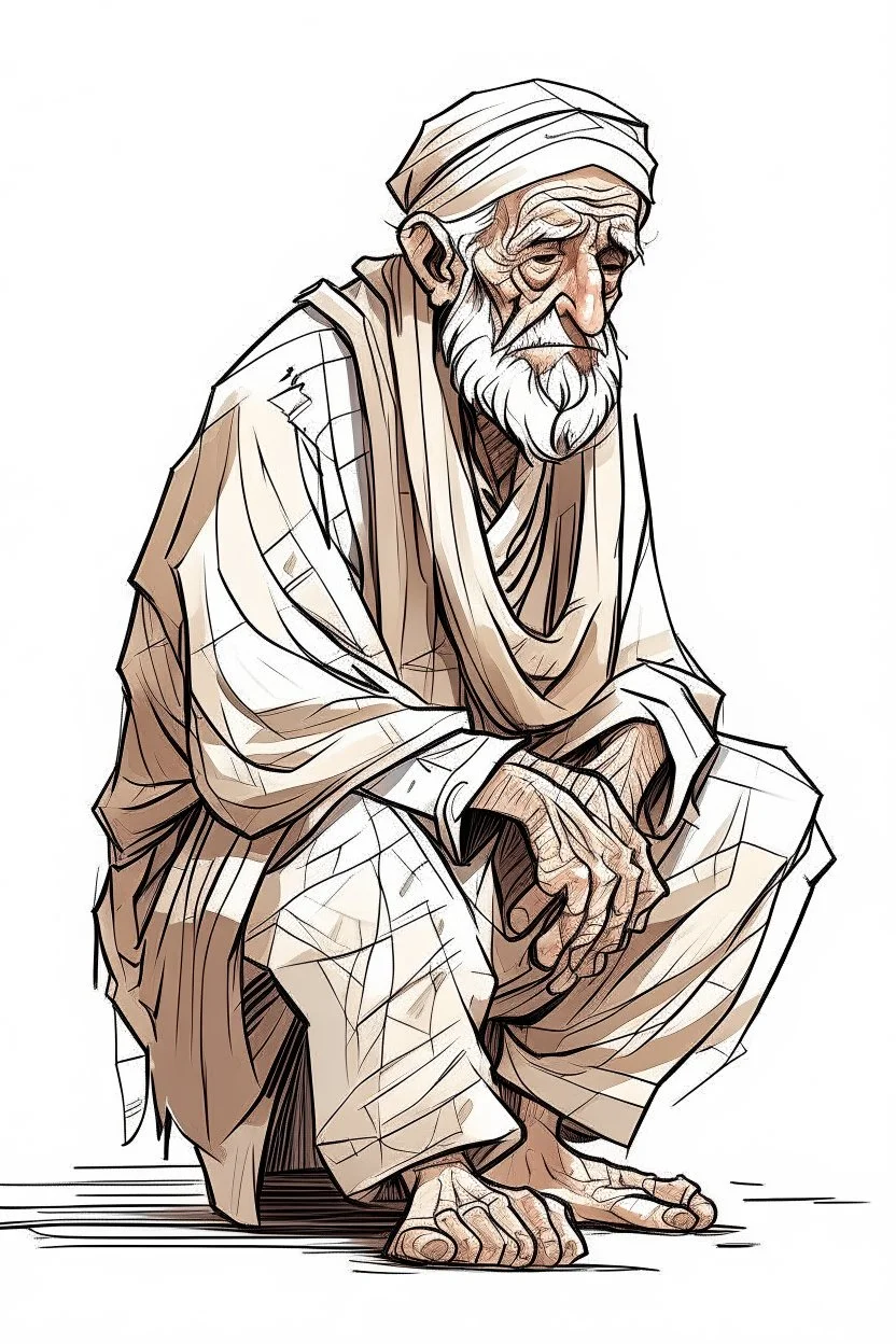 "Draw an old person wearing old traditional Arab clothes, hunched back he looks weak