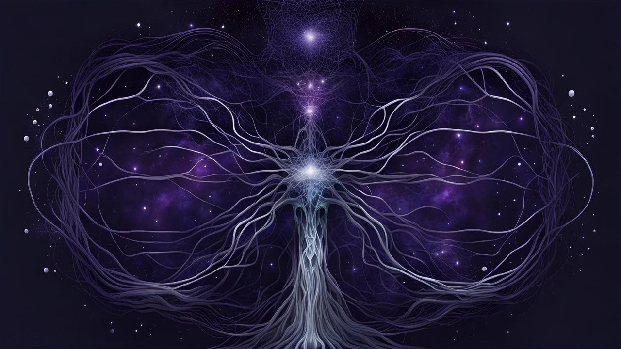 A minimalist abstract 2d digital art graphic and ink montage,. Deep dark purple background with pale neural network and galaxy background, human nervous system with fade little lights , white-dark blue-pale gray and black colors, Clean composition with strange surreal vibe, emotional, abstractions, neurodivergens soul and mind, cinematic, thriller, human dark shilouette floatings