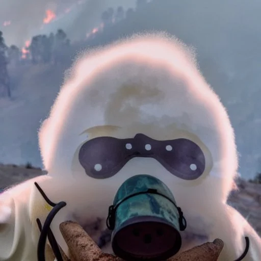 Yeti, wildfires in the background, mountains, fires, smoke, disaster