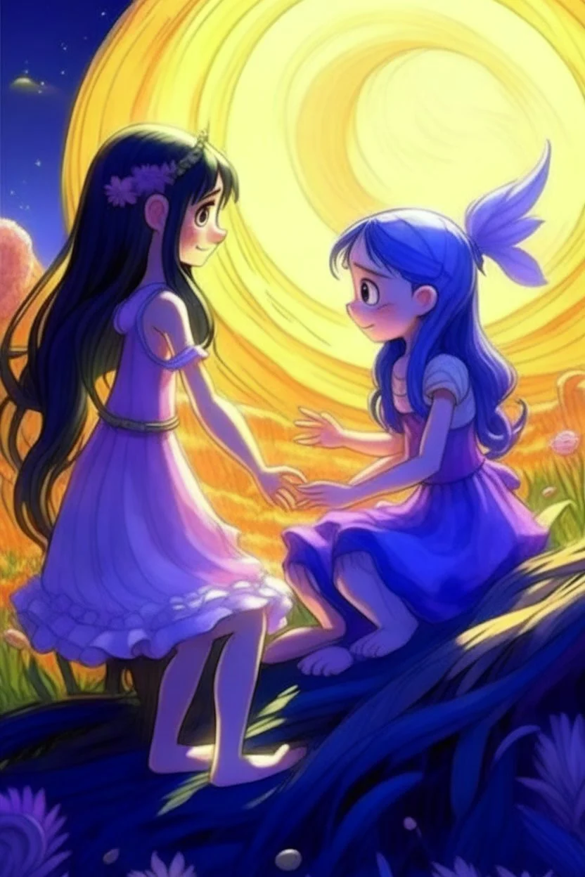 Pixar tarzı İki yakın arkadaş(iki küçük kız) biri pembe ve diğeri mor elbise giyiyor mor elbiseli oturan pembe elbiseli kıza yardım ediyor arkaplan olarak ay ve güneş karışımı bir gezegen