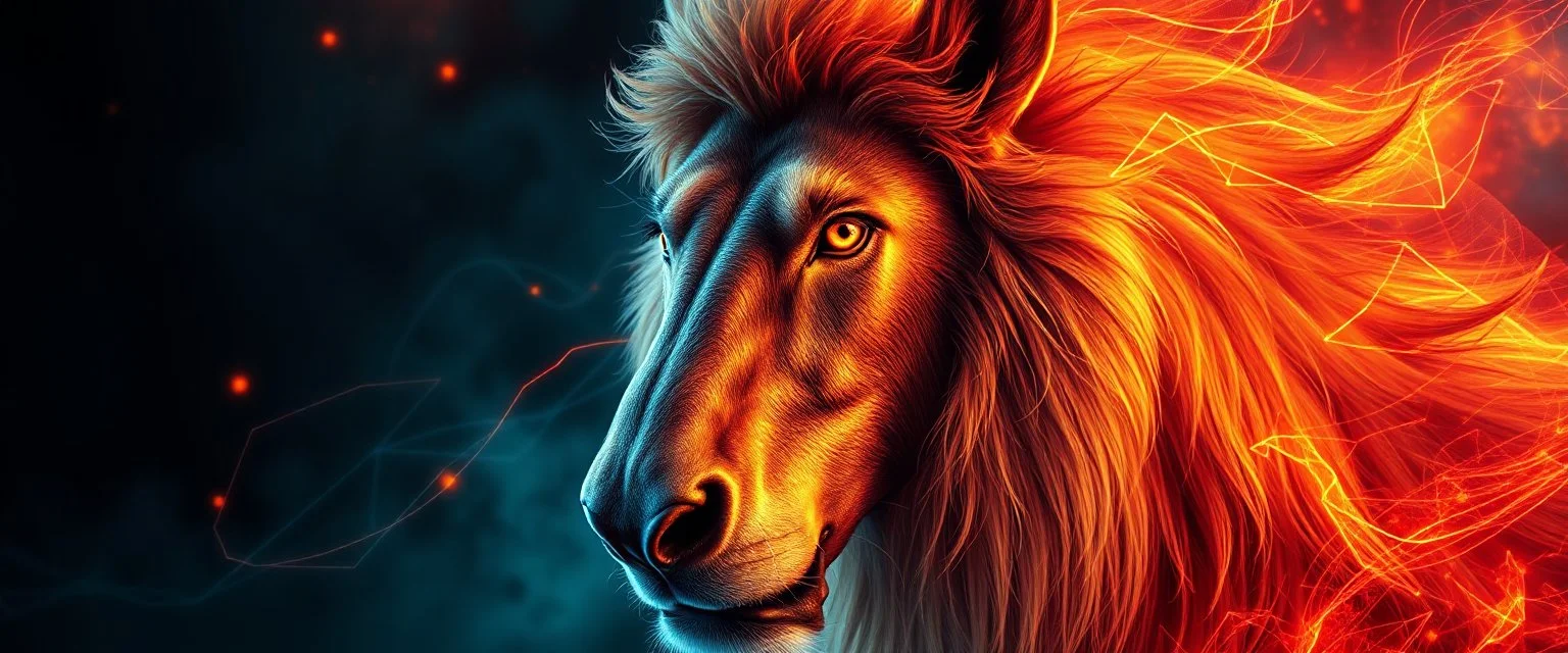 close up portrait of a plasma vampire flickers like hypnotic fire in geometric shapes like a dna swirl of time and a fearsome fluffy lion horse in the style of Titian