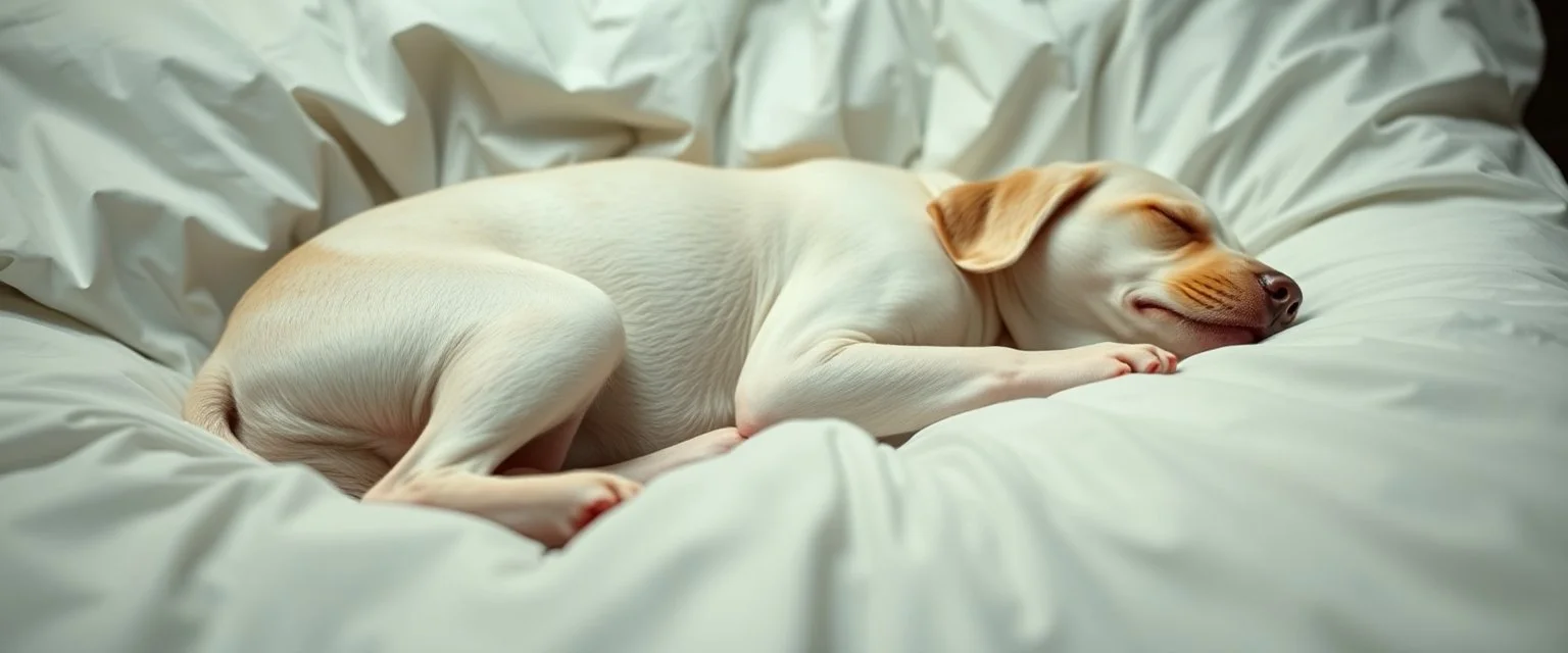 albino hot dog sleeping in bed
