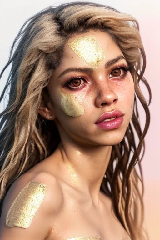 Shakira artist, Realistic image, natural waist up portrait, natural busty , perfect eyes, glow, circle iris, eye liner. spray line make up, glow. lips, gold. big rings piercing, led ornament. coat, vibrant color, highly detailed, art stations, concept art, smooth, unreal engine 5, god lights, ray tracing, RTX, lumen lighting, ultra detail, volumetric lighting, 3d, finely drawn, high definition, 4k.