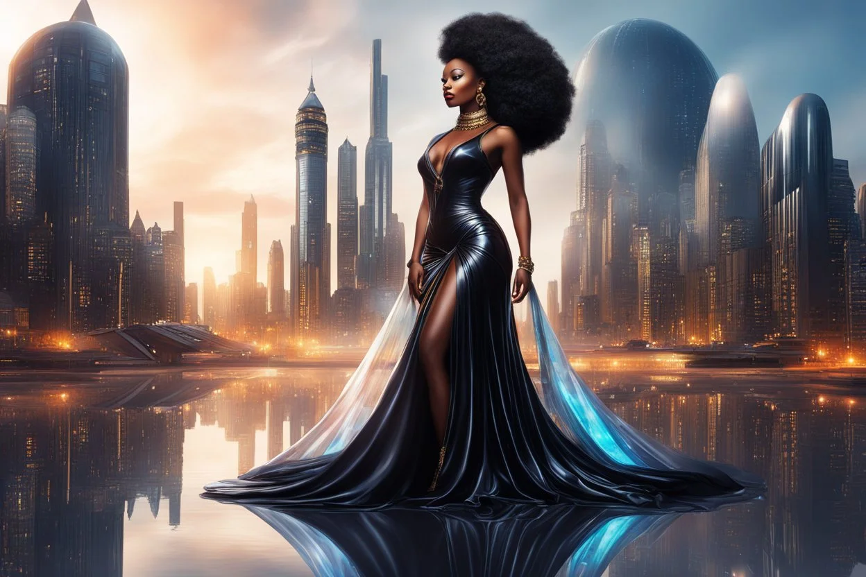 CHARACTER African queen, Elemental Goddess, Afrofuturistic Woman, Regal MuseMODEL Black Woman, Fantasy Figure, Contemporary Portrait, Elegant FemaleOBJECT City Skyline, Molten Liquid, Liquid Dress, Reflection, Futuristic City, Elegant Gown, Fine Art, Fantasy Landscape