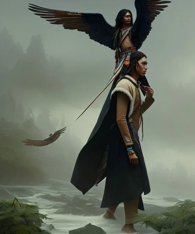 native american warrior, wizard doctor, long black hair, black hooded coat like wings, 8k resolution concept art portrait by Greg Rutkowski