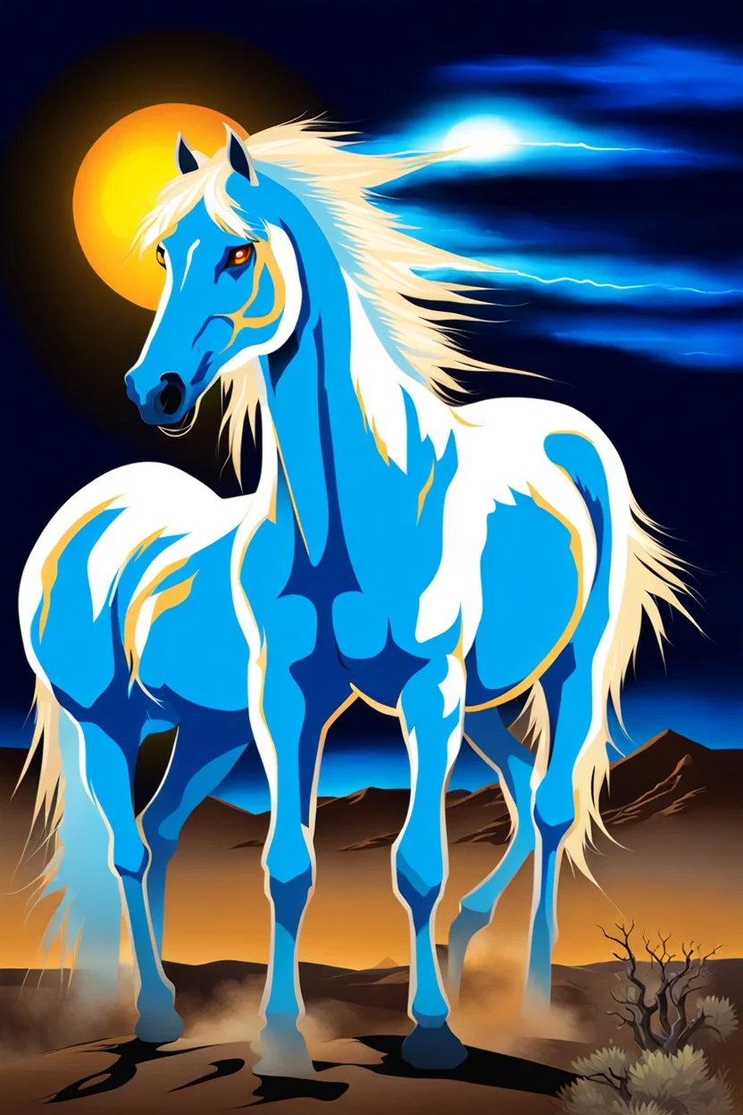 Radioactive white horse with electric blue glowing eyes, storming through the mojave desert