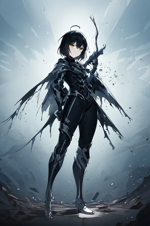 Anime girl with short black hair and sharp green eyes, holding a pike, full body black and white metal plate armour, full body shot, Dramatic lighting,1woman, soaked in blood, standing pose, close shot, lean body,