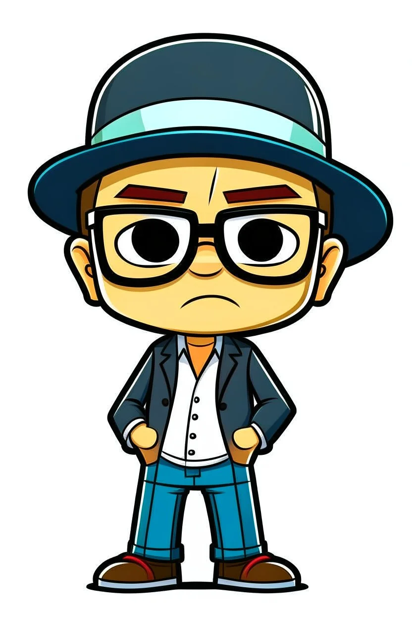 Vectores imágen of Gustavo Petro serious with hat, jeans and shirt no lentes speaking in a speech full body chibi