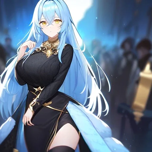 Clear focus, High resolution, Long light blue fluffy hair, hair between eyes, yellow eyes, wearing black fabric shorts, detailed outfit, blue and black outfit, gold accessory