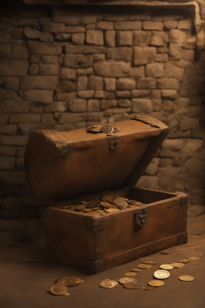 in the BASEMENT there is an old, broken brown oblong leather chest with short handles, from which gold coins from the time of Catherine the Great fall out. The ancient coat of arms of tsarist Russia, the double-headed eagle, is BARELY VISIBLE on the bag. There are a lot of broken bricks and earth around the bag. All in high quality 8K