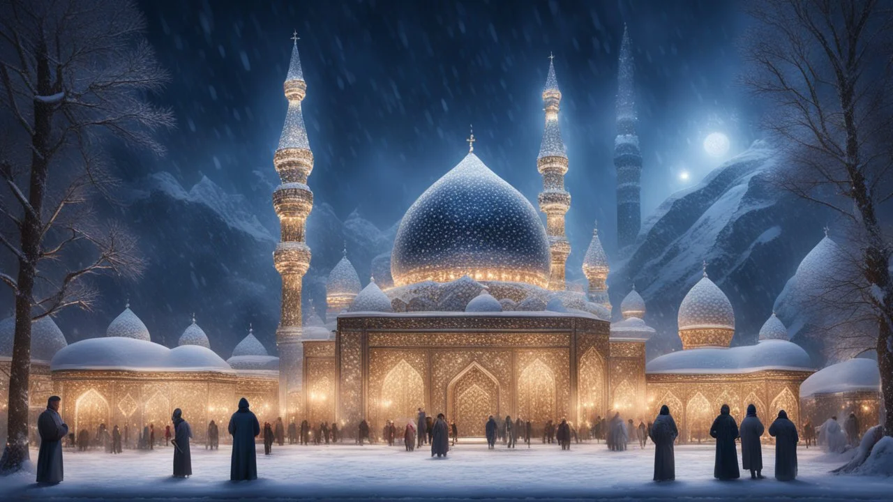 Hyper Realistic Photographic-view of people worshiping outside a Huge-Beautiful-Glass-Mosque-with-detalied-craft-work-on-walls & with Navy-Blue minarets & garland-lights on a frozen-mountain-top with heavy-snowfall-night showing dramatic & cinematic ambiance.