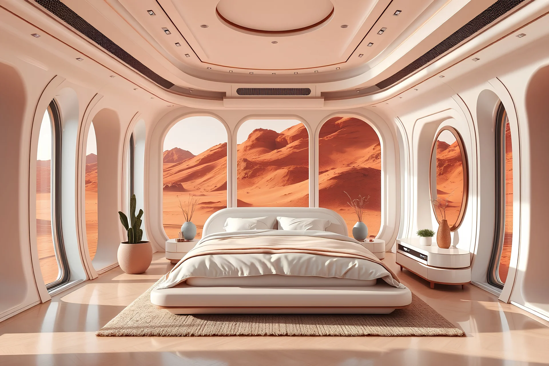 A spectacular bedroom inside a house with futuristic architecture on the planet Mars, using the Dune color palette, Photo realistic