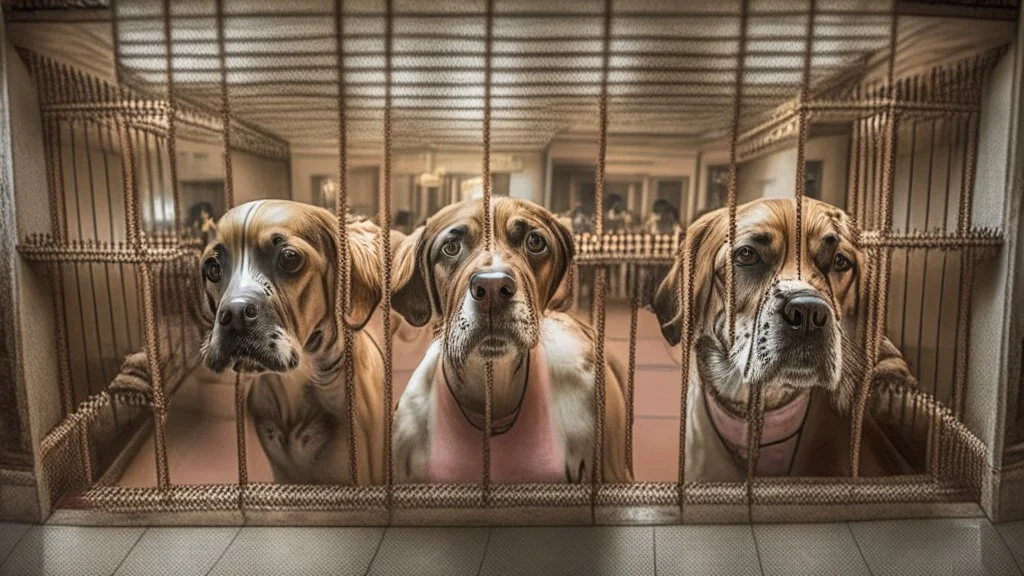 wide angle shot of dogs crying in cages at indian hotel front desk