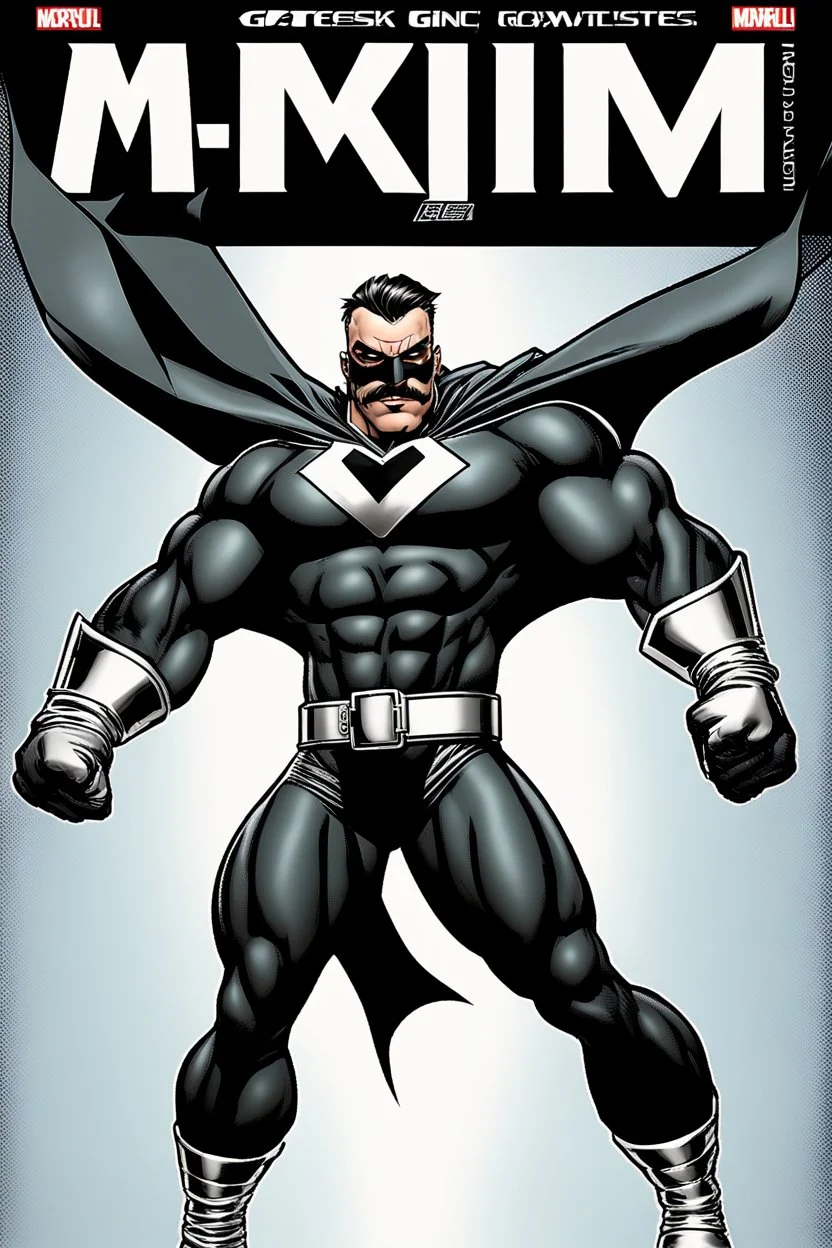 an extremely muscular superhero man wearing a black, skintight, formfitting cowl, a black, skintight, formfitting, Kevlar bodysuit, Silver Wrist Gauntlets, Silver Belt, Silver knee-high boots, black gloves, silver "M" logo on the chest, a mustache and goatee, black gloves,